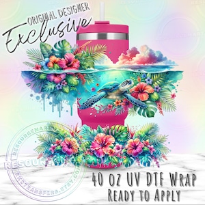 May include: A pink 40 oz tumbler wrap with a tropical design. The wrap features a sea turtle, hibiscus flowers, and lush greenery. The words "ORIGINAL DESIGNER Exclusive" and "40 OZ UV DTF WRAP READY TO APPLY" are also visible.