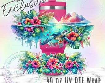 UV DTF Tropical Sea Turtle 40oz tumbler wrap, colorful ready to apply UVDTF 40 ounce stanley cup transfer, watercolor beach design