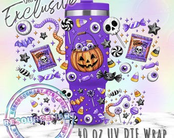 May include: A purple 40 oz tumbler wrap featuring a Halloween-themed design. The design includes a jack-o'-lantern, candy, eyeballs, bats, and the text "Sweet & Spooky Gummies." The wrap is ready to apply.