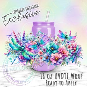 May include: A 16 oz UVDTF wrap featuring a purple tumbler with a floral and dragonfly design. The design includes colorful dragonflies and flowers in shades of blue, pink, and teal. The text "Original Designer Exclusive" is visible.