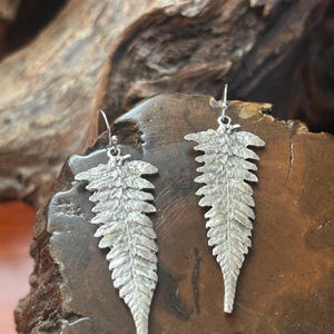 May include: A pair of silver-toned drop earrings shaped like detailed fern fronds. Each earring features a textured, leaf-like design with a pointed tip and is attached to a simple metal hook for hanging, showcasing a metallic finish.