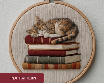 Motif de broderie à la main chat chaton livres, conception livresque (motif PDF)
