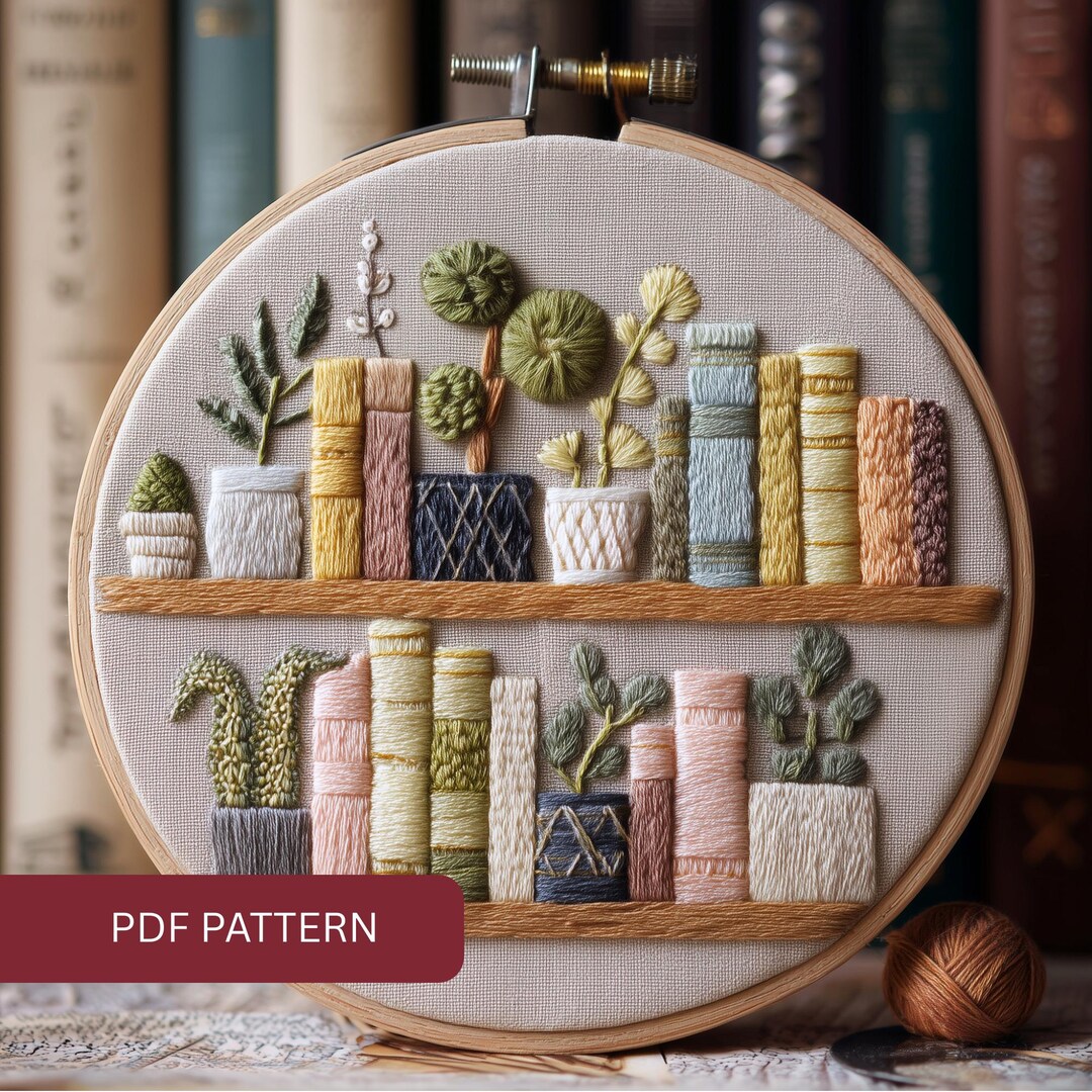 Books and House Plant Hand Embroidery Pattern Template, Bookshelf Cozy ...