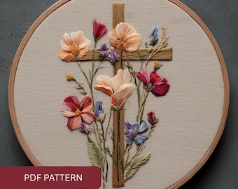 Plantilla de patrón de bordado a mano de cruz cristiana con flor (patrón PDF)