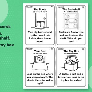 Clue card sheet with the boots, bookshelf, bed and toy box hiding places, each with a short rhyme.
