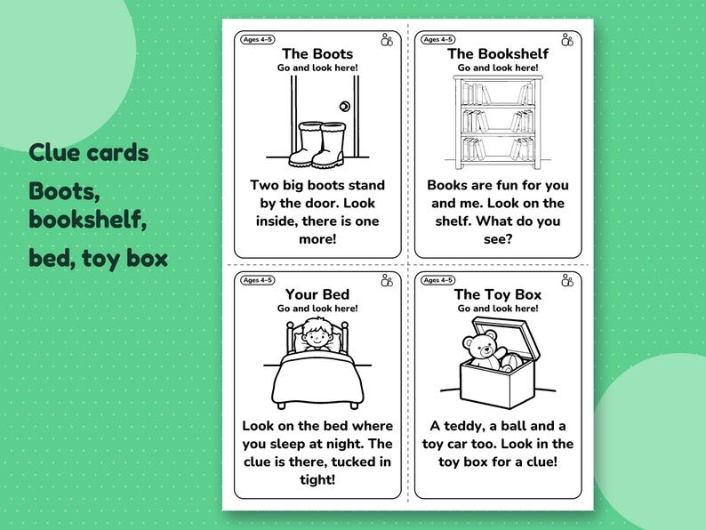 Clue card sheet with the boots, bookshelf, bed and toy box hiding places, each with a short rhyme.