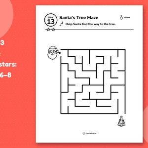 Day 13 maze page: help Santa find the way to the tree through a square maze, two-star level for ages 6–8.
