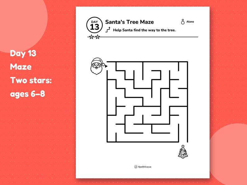 Day 13 maze page: help Santa find the way to the tree through a square maze, two-star level for ages 6–8.