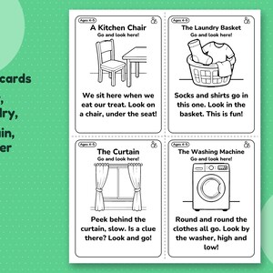 Clue card sheet with the kitchen chair, laundry basket, curtain and washing machine hiding places.