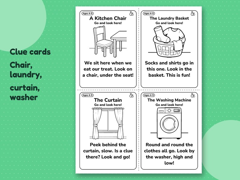 Clue card sheet with the kitchen chair, laundry basket, curtain and washing machine hiding places.