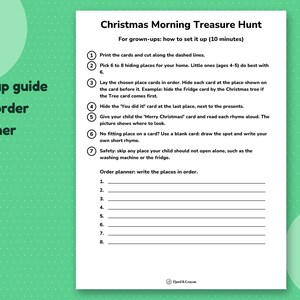 Set-up page for grown-ups: seven numbered steps to print, pick 6 to 8 places, hide the cards and an order planner.