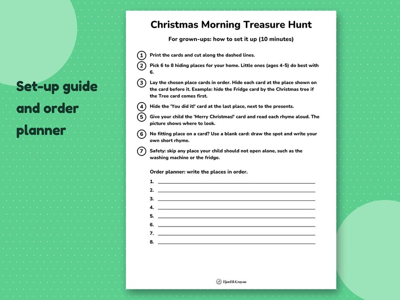 Set-up page for grown-ups: seven numbered steps to print, pick 6 to 8 places, hide the cards and an order planner.