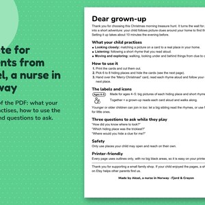 Page 1 of the PDF, a note for parents from Aksel, a nurse in Norway: what children practise, how to set up the hunt and practical safety notes.