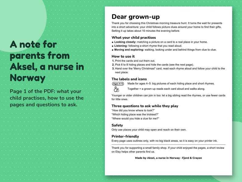 Page 1 of the PDF, a note for parents from Aksel, a nurse in Norway: what children practise, how to set up the hunt and practical safety notes.