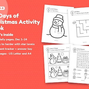What's inside the 24 Days of Christmas Activity Book: four real pages (snowman coloring, elf maze, spot the difference, word search) next to the title, age 4–8 and four content points.
