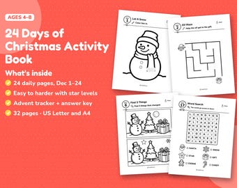Christmas Activity Book for Kids Ages 4-8, Printable Advent Activity Pages, 24 Days of Coloring, Mazes and Word Search