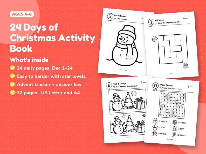 What's inside the 24 Days of Christmas Activity Book: four real pages (snowman coloring, elf maze, spot the difference, word search) next to the title, age 4–8 and four content points.