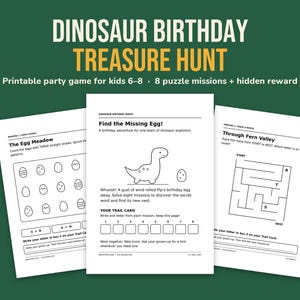 Puede incluir: Un juego de b&uacute;squeda del tesoro de cumplea&ntilde;os de dinosaurios imprimible que consta de tres p&aacute;ginas blancas con texto e ilustraciones en negro. Las p&aacute;ginas incluyen misiones de rompecabezas tituladas The Egg Meadow, Find the Missing Egg y Through Fern Valley.