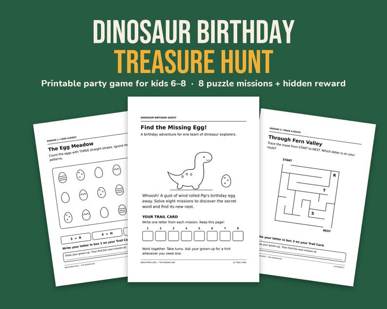 Puede incluir: Un juego de b&uacute;squeda del tesoro de cumplea&ntilde;os de dinosaurios imprimible que consta de tres p&aacute;ginas blancas con texto e ilustraciones en negro. Las p&aacute;ginas incluyen misiones de rompecabezas tituladas The Egg Meadow, Find the Missing Egg y Through Fern Valley.