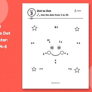 Day 3 dot-to-dot page: join the dots from 1 to 10 to make a smiling star, one star level for ages 4–5.