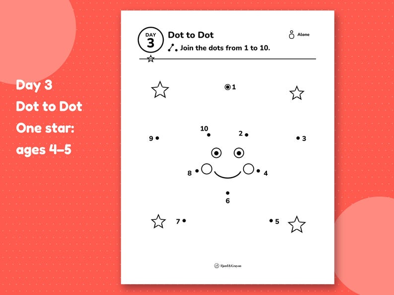 Day 3 dot-to-dot page: join the dots from 1 to 10 to make a smiling star, one star level for ages 4–5.