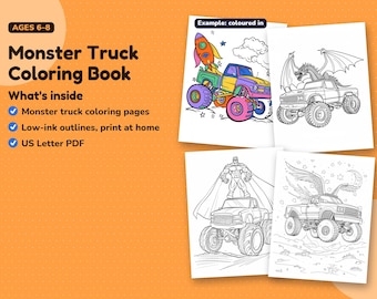 Monster Truck Coloring Pages for Kids Ages 6-8, 50+ Printable Monster Truck Coloring Book with Dinosaurs and Dragons, PDF