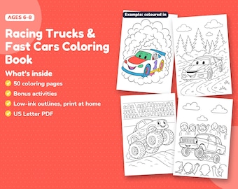Race Car Coloring Pages for Kids Ages 6-8, 50+ Printable Car Coloring Book with Racing Trucks and Fast Cars, PDF