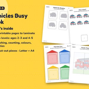 What's inside the Vehicles Busy Book: shadow matching, counting, colour sorting and puzzle pages next to the title, age 2–5 and the content list.