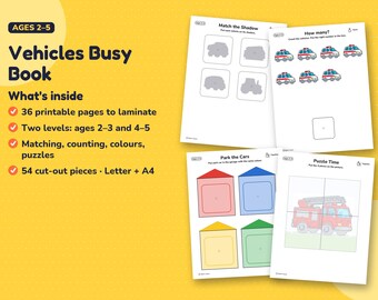 Toddler Busy Book Printable, Vehicle Learning Binder for Ages 2-5, Preschool Quiet Book with Counting, Shapes and Colors