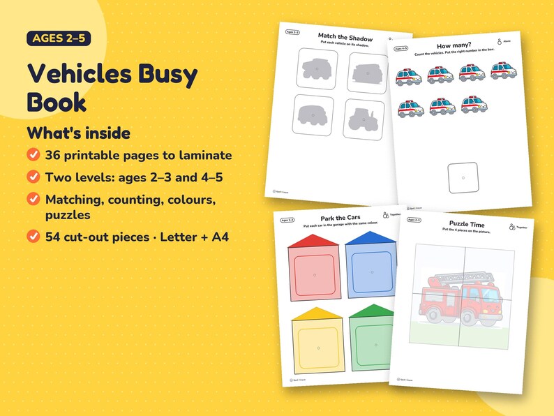 What's inside the Vehicles Busy Book: shadow matching, counting, colour sorting and puzzle pages next to the title, age 2–5 and the content list.
