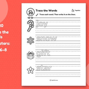 Day 20 tracing page: trace the dotted words joy, snow, gift and star on lined rows, each with a small picture.