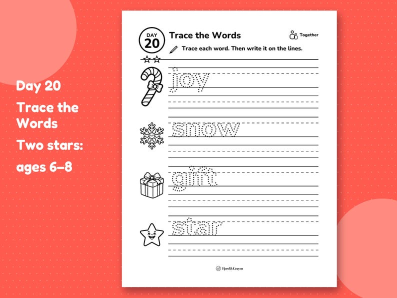 Day 20 tracing page: trace the dotted words joy, snow, gift and star on lined rows, each with a small picture.