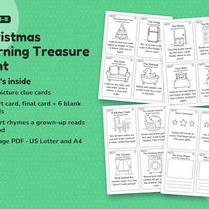 What's inside the Christmas Morning Treasure Hunt: four printed card sheets with picture clues next to the title, age 4–8 and the content list.