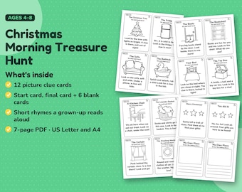Christmas Treasure Hunt for Kids Ages 4-8, Printable Christmas Scavenger Hunt Clue Cards with Picture Clues to Find Presents