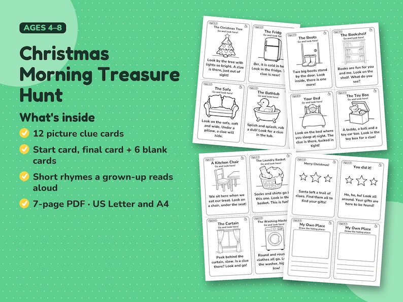 What's inside the Christmas Morning Treasure Hunt: four printed card sheets with picture clues next to the title, age 4–8 and the content list.