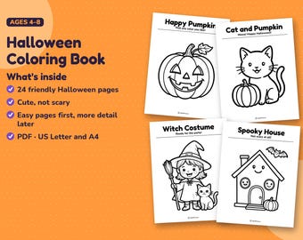 Halloween Coloring Pages for Kids Ages 4-8, 24 Printable Halloween Coloring Book PDF, Cute Pumpkin Ghost Bat Pages, Class Party Activity