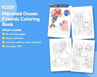 Mermaid Coloring Pages for Kids Ages 6-8, Printable Ocean Coloring Book with Mermaids and Sea Animals, Instant PDF
