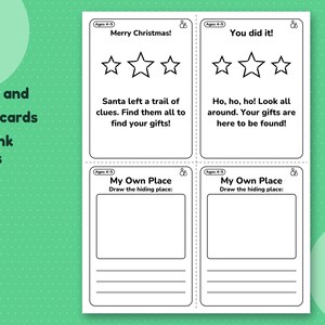Sheet with the Merry Christmas start card, the You did it final card and two blank cards to draw your own hiding place.