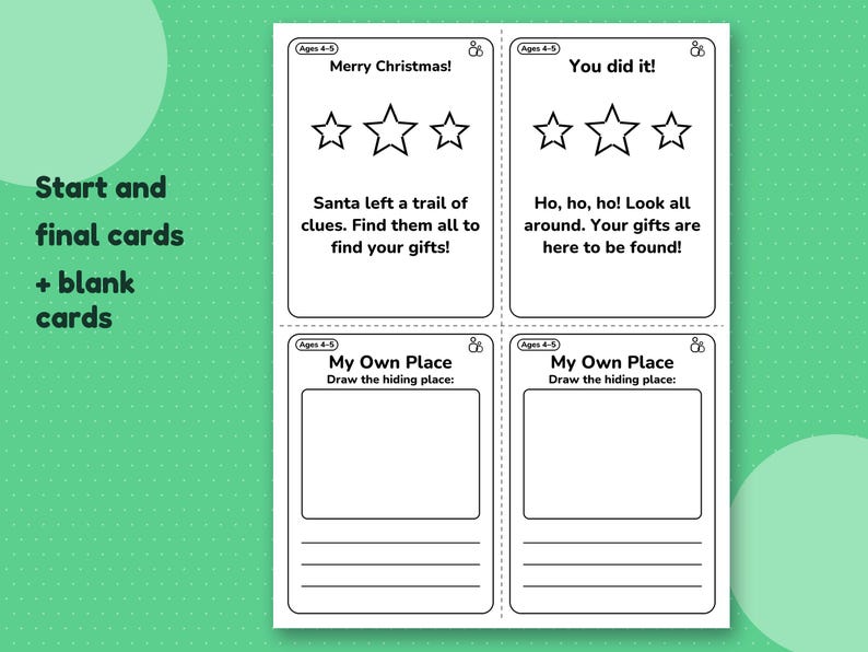 Sheet with the Merry Christmas start card, the You did it final card and two blank cards to draw your own hiding place.