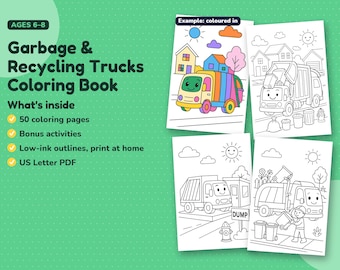 Garbage Truck Coloring Pages for Kids Ages 6-8, 50+ Printable Trash Truck Coloring Book with Bonus Activities, PDF