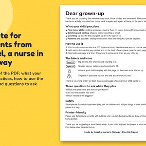 Page 1 of the PDF, a note for parents from Aksel, a nurse in Norway: what children practise, how to make the book and practical safety notes.