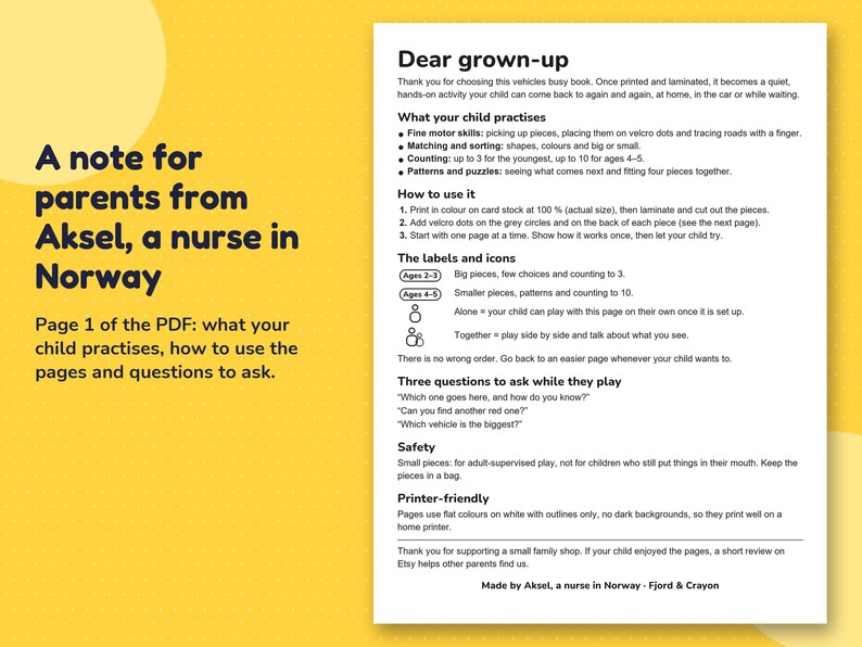 Page 1 of the PDF, a note for parents from Aksel, a nurse in Norway: what children practise, how to make the book and practical safety notes.