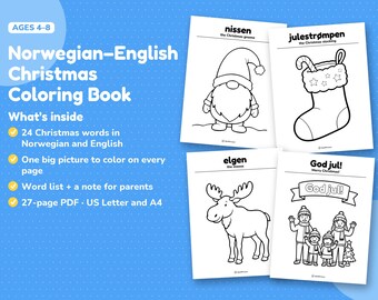 Norwegian English Christmas Coloring Book for Kids, 24 Norwegian Words with Pictures, Printable PDF, Bilingual Christmas Activity Ages 4-8