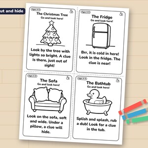 A sheet of four clue cards (Christmas tree, fridge, sofa, bathtub) printed and lying on a wooden table with three crayons.
