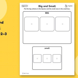 Big and Small sorting page: a big box with three large squares and a small box with three small squares.