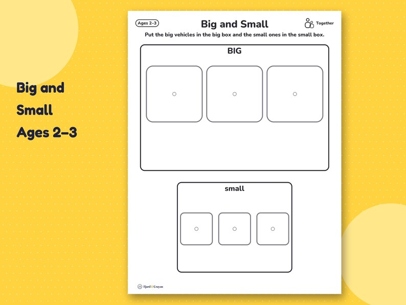 Big and Small sorting page: a big box with three large squares and a small box with three small squares.
