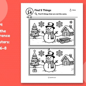 Day 14 spot-the-difference page: two snowman scenes stacked, find the 5 things that changed, ages 6–8.
