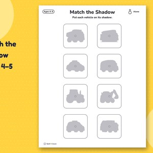 Match the Shadow board for ages 4–5: eight grey vehicle shadows in rounded squares for the cut-out vehicle pieces.