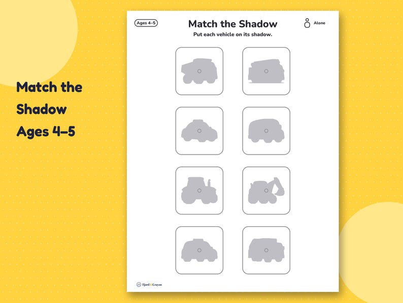 Match the Shadow board for ages 4–5: eight grey vehicle shadows in rounded squares for the cut-out vehicle pieces.