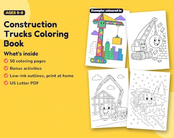 Construction Coloring Pages for Kids Ages 6-8, 50 Printable Truck Coloring Book Pages with Excavators and Dump Trucks, PDF